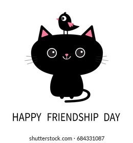 Happy Friendship Day. Cute black cat icon. Bird sitting on head face. Funny cartoon character. Kawaii animal. Kitty kitten. Baby pet collection. White background. Isolated. Flat design. Vector
