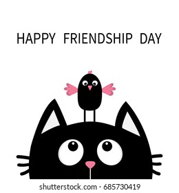 Happy Friendship Day  Cute black cat looking up to bird head  Funny cartoon character  Kawaii animal  Kitty kitten  Baby pet collection  White background  Isolated  Flat design  Vector