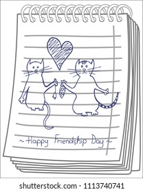 Happy Friendship Day cute cartoon cats on notebook background. Hand drawn Vector illustration