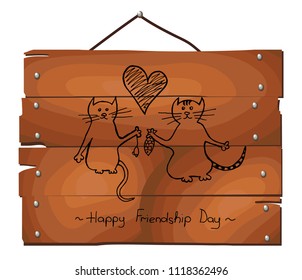 Happy Friendship Day cute cartoon cats on wooden plank background. Hand drawn Vector illustration
