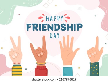 Happy Friendship Day Cute Cartoon Illustration With Young Boys And Girls Of Hugging Together Or Putting Their Hands In Flat Style