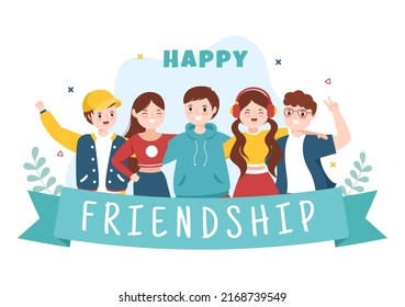 Happy Friendship Day Cute Cartoon Illustration with Young Boys and Girls of Hugging Together or Putting Their Hands in Flat Style