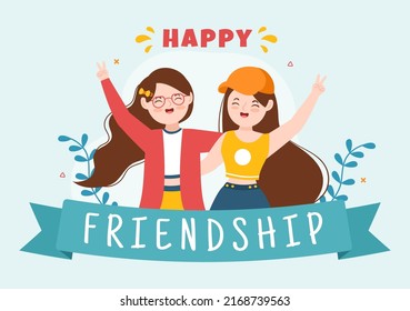 Happy Friendship Day Cute Cartoon Illustration with Young Boys and Girls of Hugging Together or Putting Their Hands in Flat Style