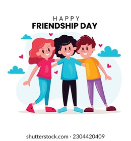 Happy Friendship Day Cute Cartoon character Illustration with Young Boys and Girls of Hugging Together or Putting Their Hands in Flat Style Vector. Friendship day banner, poster, template design.