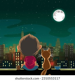 happy friendship day cute cartoon illustration of friendship between cat and boy