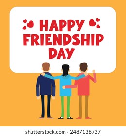 Happy Friendship Day Cute Cartoon Illustration with Young Boys  Hugging Together or Putting Their Hands in Flat Style and seeing front screen and enjoy 