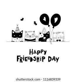 Happy friendship day. Cute cats best friends. Doodle style. Vector illustration.