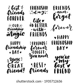 Happy Friendship Day cute hand lettering big set. Best friends forever. Greeting card typography template. Modern calligraphy design elements, quotes, friend phrase.