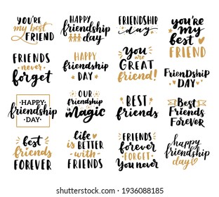 Happy Friendship Day cute hand lettering big set. Best friends forever. Greeting card typography template. Modern calligraphy design elements, quotes, friend phrase.