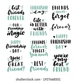 Happy Friendship Day cute hand lettering big set. Best friends forever. Greeting card typography template. Modern calligraphy design elements, quotes, friend phrase.
