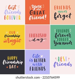 Happy Friendship Day cute hand lettering big set. Best friends forever. Greeting card typography template. Modern calligraphy design elements, quotes, friend phrase.