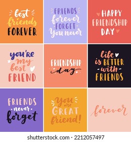 Happy Friendship Day cute hand lettering big set. Best friends forever. Greeting card typography template. Modern calligraphy design elements, quotes, friend phrase.