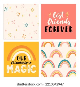 Happy Friendship Day cute hand lettering set. Best friends forever. Greeting card typography template. Modern calligraphy design elements, quotes, friend phrase.