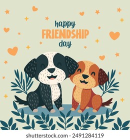  "Feliz día de la amistad". Linda ilustración para celebrar el Día de la Amistad. Dos cachorros adorables sentados juntos, sonrientes, y rodeados de plantas y estrellas. 