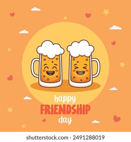  "Happy Friendship Day". Cute illustration to celebrate Friendship Day. Two beer mugs with happy faces.