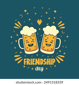 "Happy Friendship Day". Cute illustration to celebrate Friendship Day. Two beer mugs with happy faces.