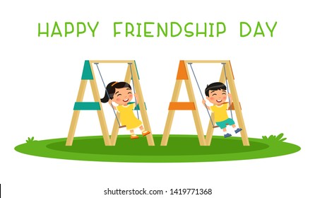 Happy friendship day. Cute little asian boy and girl swinging on swing in public park or kindergarten playground. Place for games. Happy school or preschool kids friends playing together outside. 