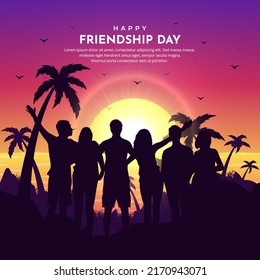 Happy Friendship Day Design Background With Cheerful Youth Silhouette And Sunset Background