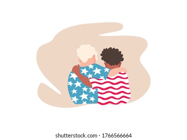 Happy friendship day with diverse friend hugging together. 
celebrating american independence day, symbols of unity of america.