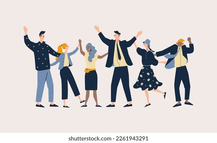 Happy friendship day with a diverse group of friends of people hugging together to celebrate a special event. Vector illustration.