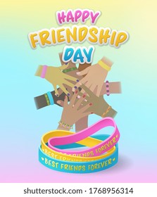 Happy Friendship Day with diverse stacked hands above colorful friendship bracelets on a pink, blue and yellow background, colored vector illustration