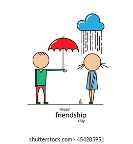 Happy friendship day. Flat line design of happy friendship day. Boy and girl under umbrella.