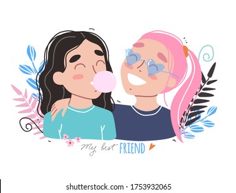 Happy friendship day. Happy friends holding each other. Portrait of smiling girls. Flat cartoon vector illustration.