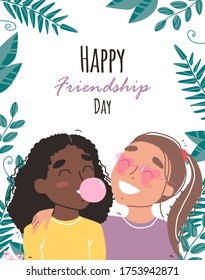 Happy friendship day. Happy friends holding each other. Portrait of smiling girls. Flat cartoon vector illustration.