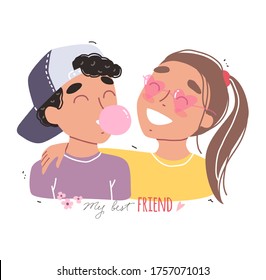 Happy friendship day. Happy friends holding each other. Portrait of smiling girl and boy. Flat cartoon vector illustration.