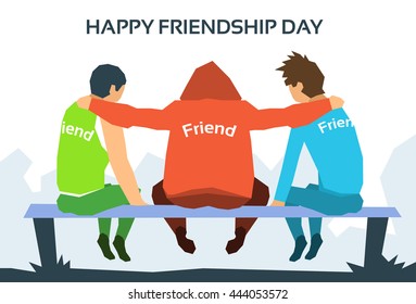 Happy Friendship Day Friends Together Sit On Bench In Park Flat Vector Illustration