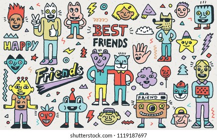 Happy Friendship Day. Funny Cartoon Doodle Best Friends. Vector Color Illustration Set.