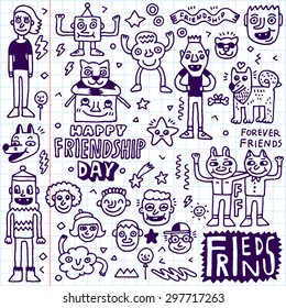 Happy Friendship Day. Funny Friends Cartoon Doodle Set. Vector Hand Drawn Color Illustration Pattern.