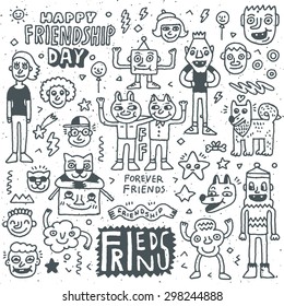 Happy Friendship Day. Funny Friends Cartoon Doodle Set. Vector Hand Drawn Illustration Pattern.