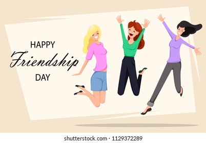 Happy Friendship day greeting card, poster or banner. Three cheerful friends jumping high, cartoon characters for holiday. Colorful vector illustration