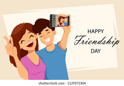 Happy Friendship day greeting card, poster or banner. Two friends taking a selfie with a smartphone. Vector illustration