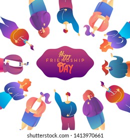 Happy friendship day greeting card with diverse friend group of people standing together in circle for special event celebration. Vector bright colorful template