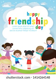 Happy friendship day greeting card with diverse friend group of kids background poster Template for advertising brochure Vector illustration