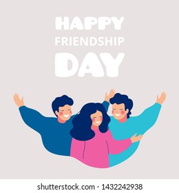 Happy friendship day greeting card with young people hugging each other. Group of friends celebrating together. Vector