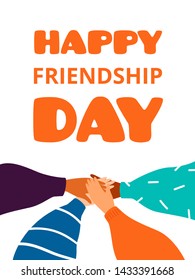 Happy friendship day greeting card with Four human hands support each other. Diverse human hands united for celebrating together. Vector illustration