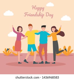 Happy friendship day greeting card with diverse friend group of people hugging together for special event celebration