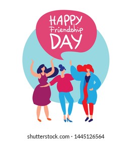 Happy friendship day greeting card with diverse friend group of people hugging together for special event celebration