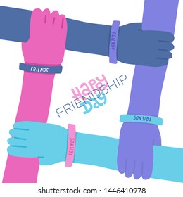 Happy friendship day greeting card with letterng quote. Colorful four hands crossed together on white background. Vector illustration of international friendship. Holiday of togetherness, having fun.