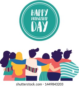 Happy Friendship Day Greeting Card with Group of Friends hugging each other and happy together for special event celebration.
