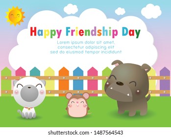 Happy friendship day greeting card with diverse friend group of best friend animals,dog,cat,rat, background poster Template for advertising brochure Vector