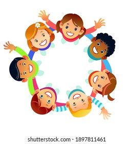 Happy Friendship Day greeting card illustration of diverse children group circle holding hands from top view angle. Friend love concept for special event celebration. Cartoon vector illustration