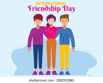 Happy friendship day greeting card with diverse friend group of people hugging together for special event celebration.Young generation team hug on social event holiday.Usable as greeting cards, poster