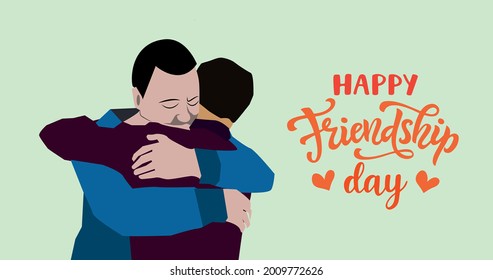 Happy friendship day greeting card design with two men, friends hugging each other, cartoon vector illustration on white background. Half length portrait of male friends, friendship day greeting card