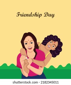 Happy friendship day greeting card with diverse friend group of people hugging together for special event celebration. EPS10 vector. 