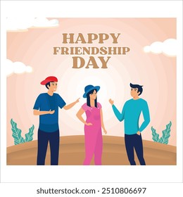 Happy friendship day greeting card with young people. A group of friends celebrating together. flat vector modern illustration 