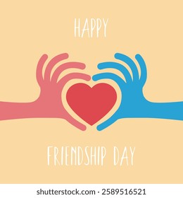 Happy Friendship Day greeting card. Hands 
 they show a heart and text on a yellow background. International Friendship Day - vector illustration.